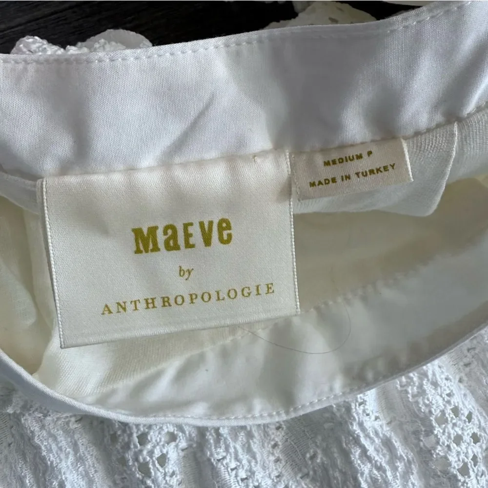 Anthropologie Maeve Eyelet Mini Dress in White M P Puff Sleeve Square Neck